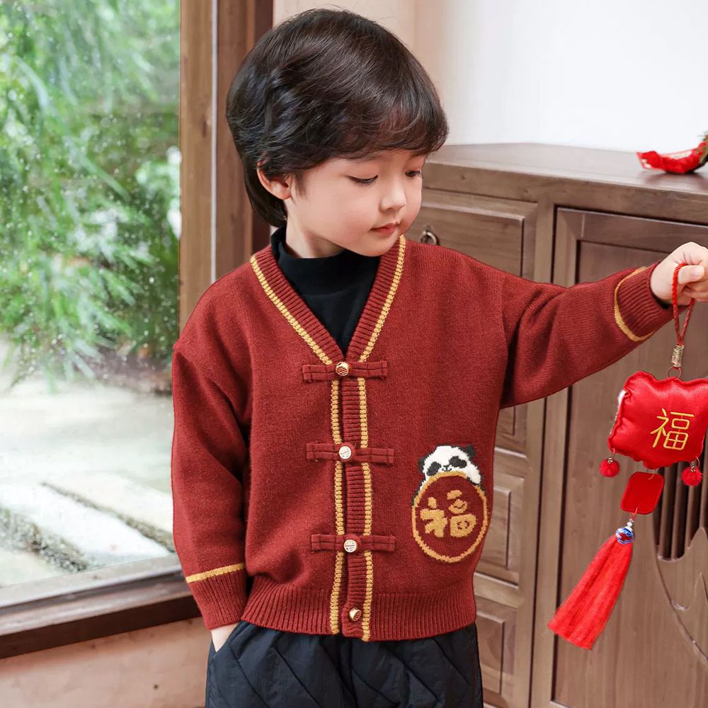 熊貓福字盤扣開衫-紅色