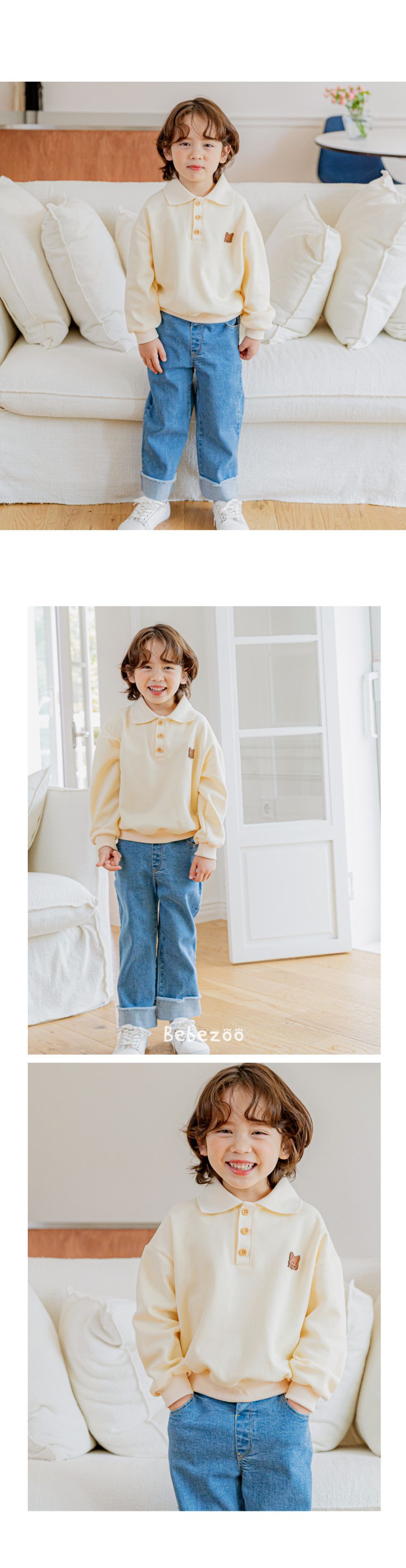 韓國 Bebezoo - 小狐狸裝飾翻領長袖上衣-奶油白