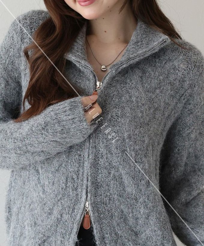 日本 BLUE EAST - 混羊毛麻花紋路立領雙拉鏈針織外套-咖啡