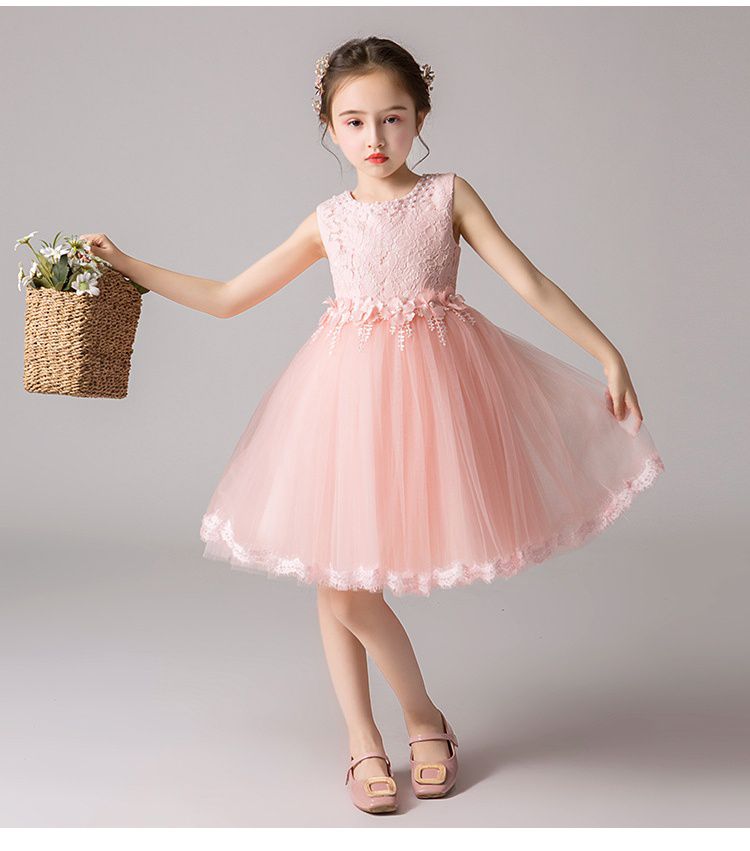 蕾絲網紗無袖澎澎紗裙-腰間小花-粉色