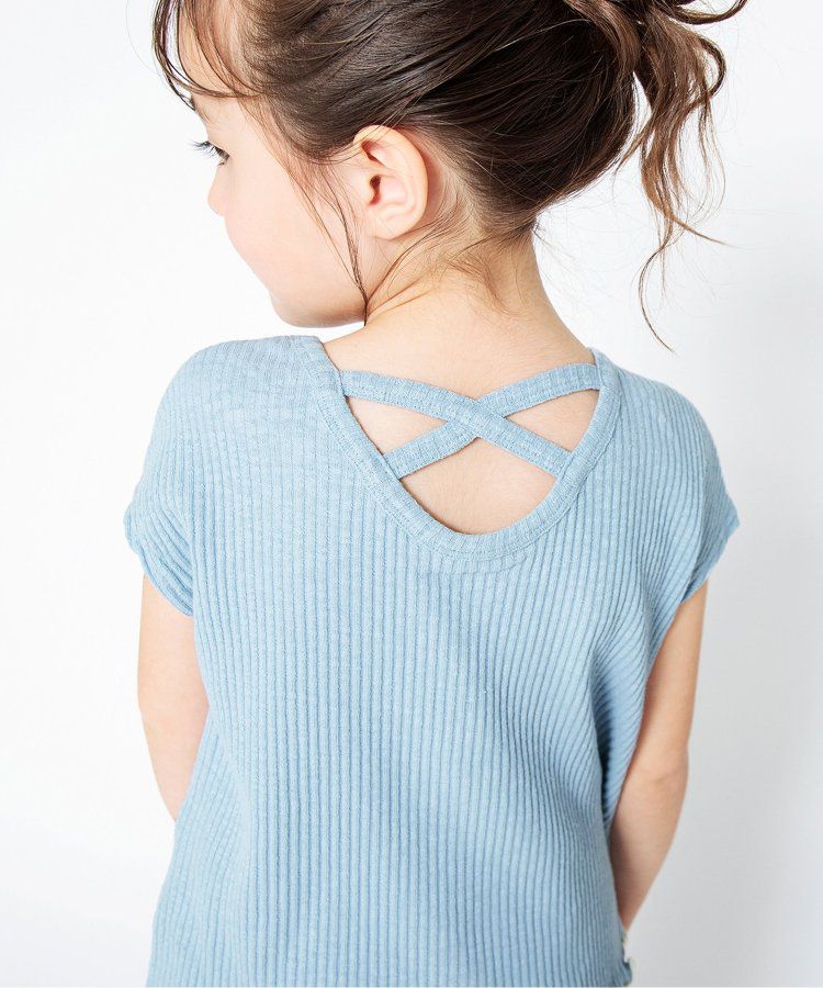 日本 BREEZE - 背交叉下擺捲邊羅紋短袖上衣-紅綠條紋