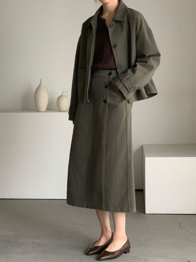 韓國女裝連線 - 後鬆緊鈕扣點綴A字長裙-灰軍綠 (FREE)