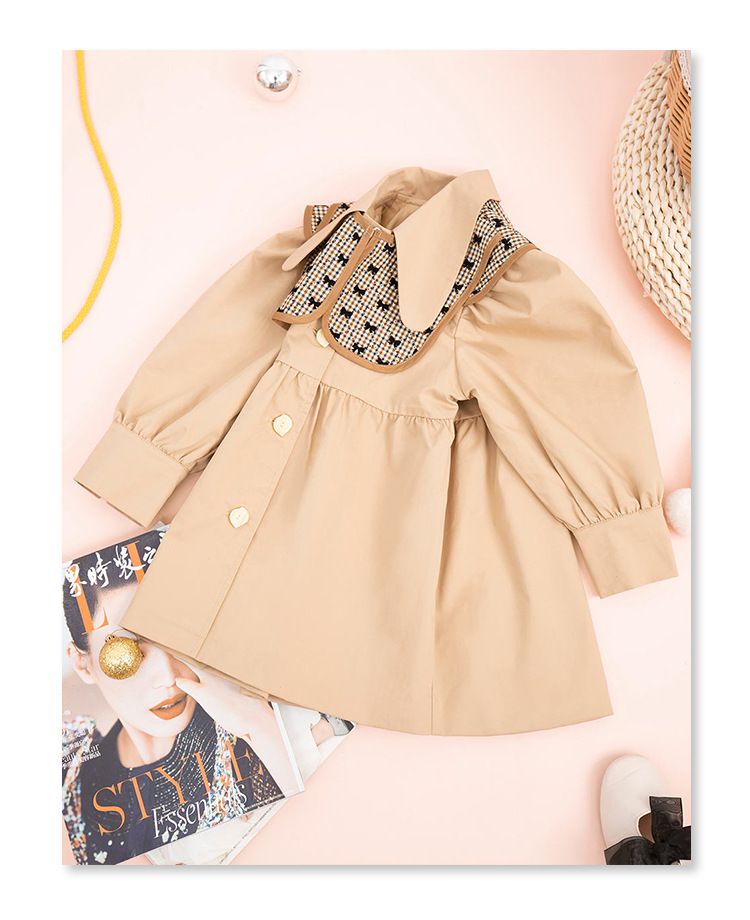 大翻領長袖風衣外套-蝴蝶結格紋-卡其色