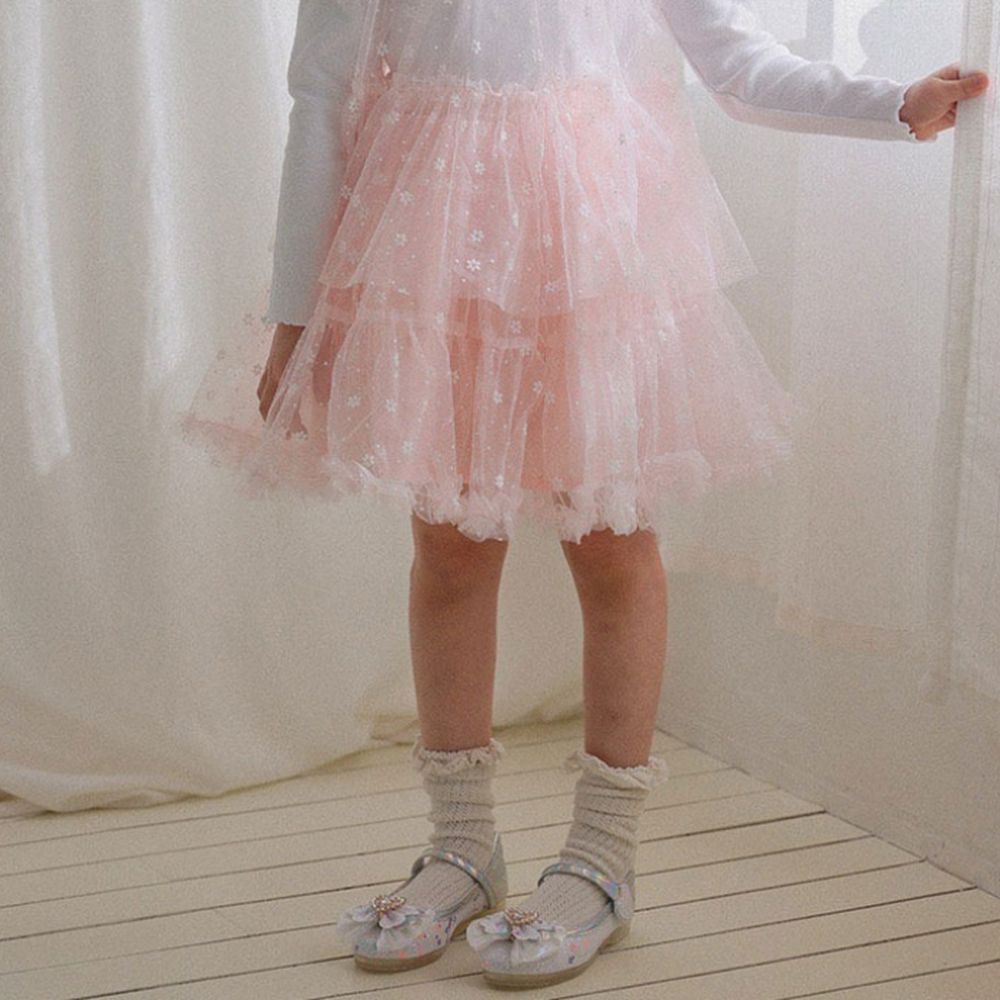 鬆緊腰浪漫繡花蛋糕網紗蓬裙-粉