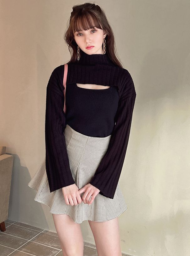 日本 GRL - 小立領羅紋兩件式針織上衣-灰藍 (F)