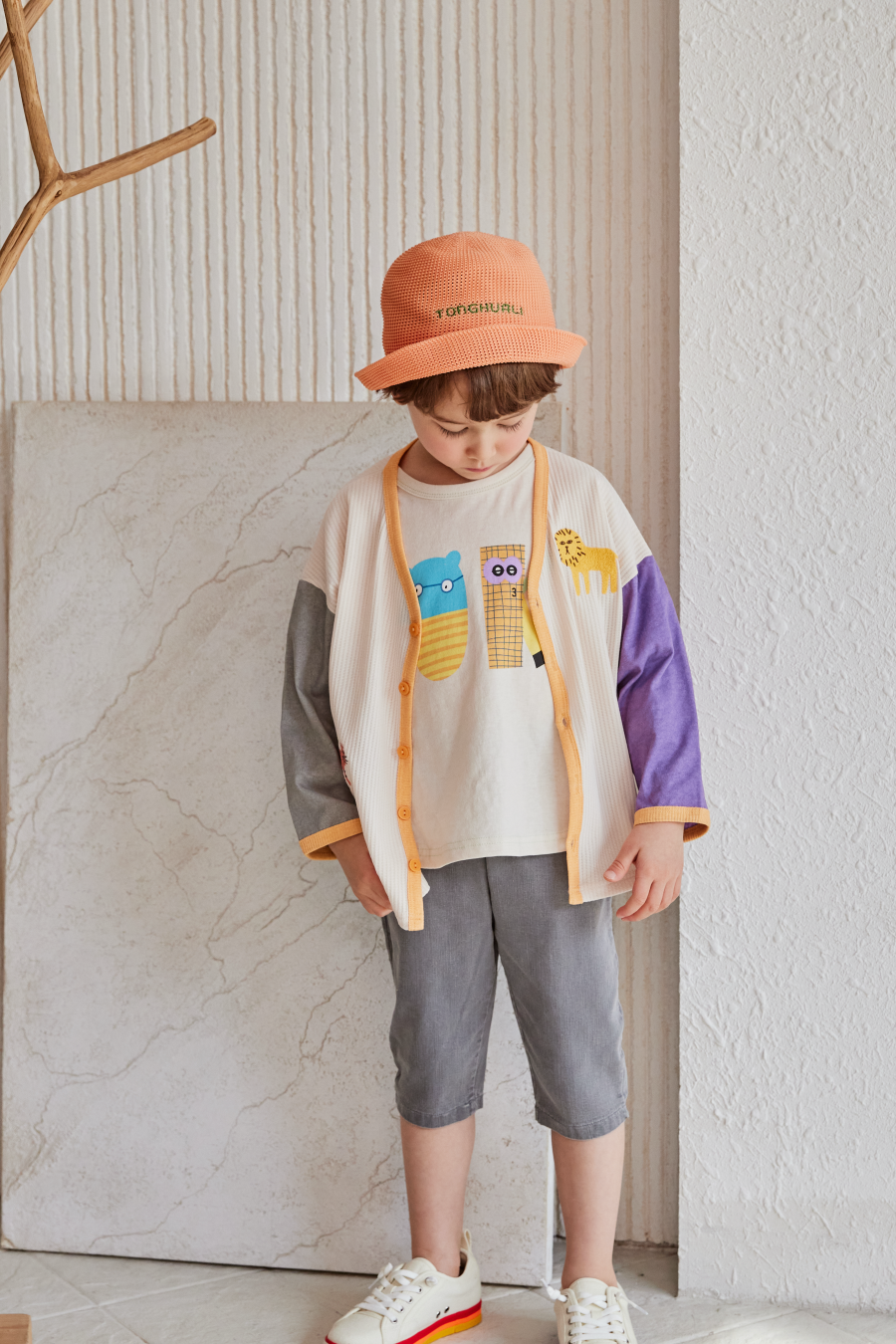 韓國 Mimico - 叢林動物拼接色針織外套-灰X紫