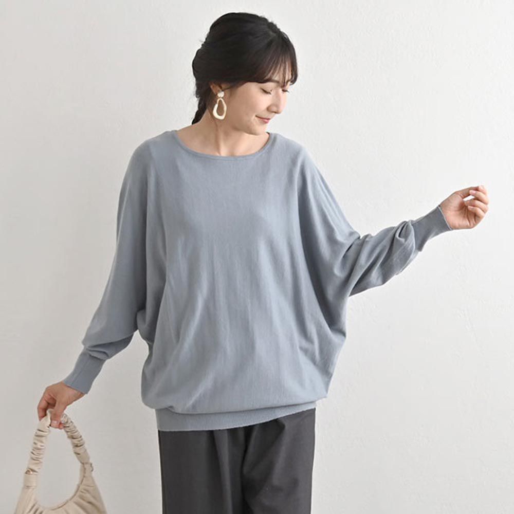 日本 ihuu - 袖釦寬鬆大圓領舒適針織上衣-灰藍
