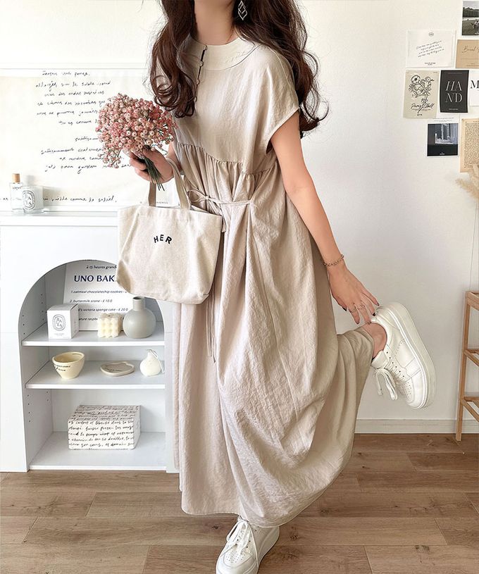 日本 Classical Elf - 前後2way清新腰綁帶短袖洋裝-米白