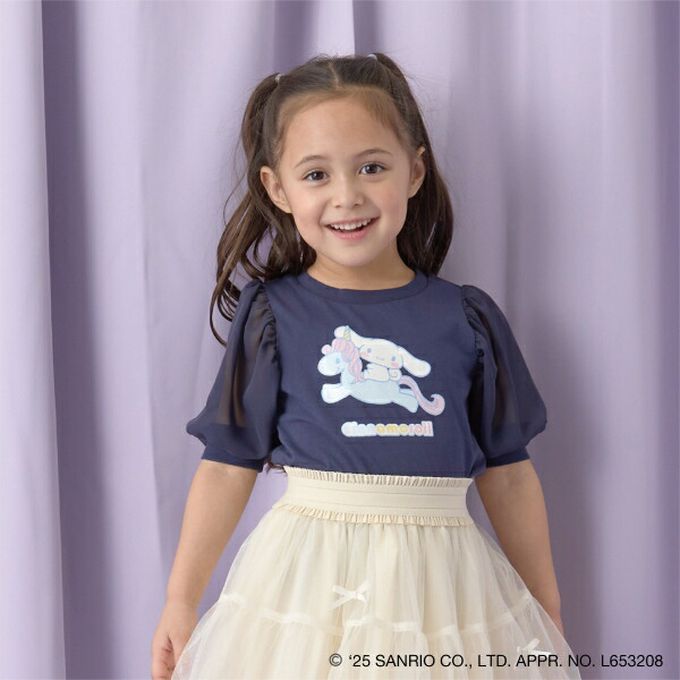 日本 Lycee mine - 閃亮印花雪紡泡泡袖上衣-卡通人物大耳狗-海軍藍