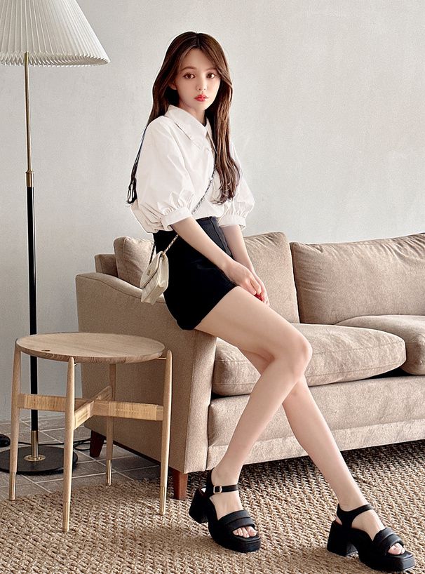 日本 GRL - 後綁帶翻領泡泡袖襯衫-米白 (F)