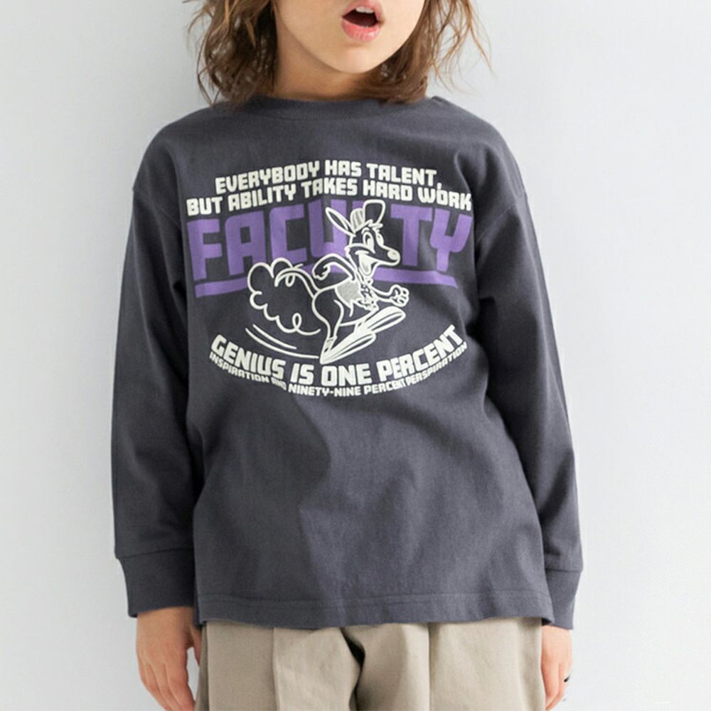 100%棉 美式印花薄長袖上衣-袋鼠-深灰