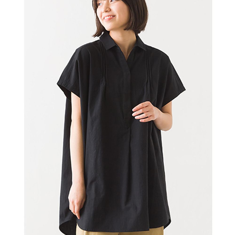 日本 OMNES - 純棉寬鬆抓皺長版短袖襯衫-黑