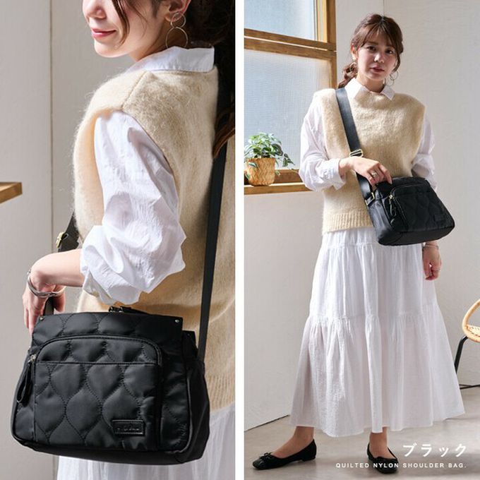 日本 LIZDAYS - 10口袋輕量尼龍絎縫側背包-黑色