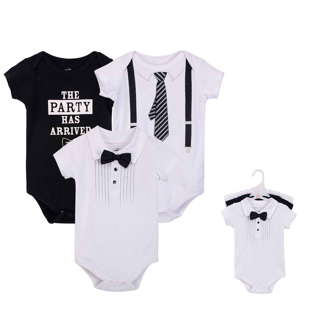 美國 Luvable Friends - 100%純棉嬰幼兒短袖包屁衣3件組-吊帶褲