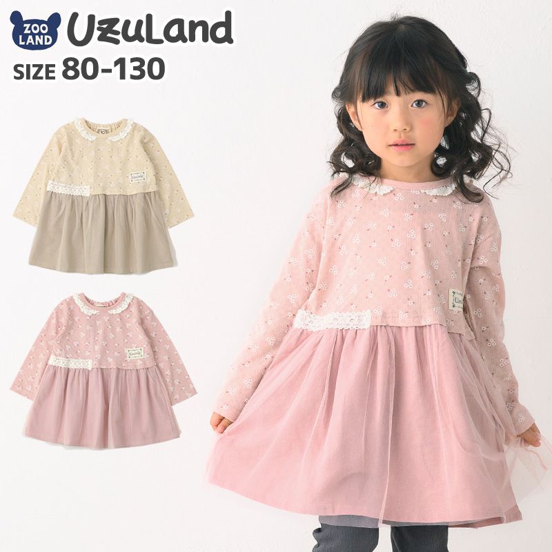 日本 ZOOLAND - 上下拼接長袖洋裝-小花薄紗-粉