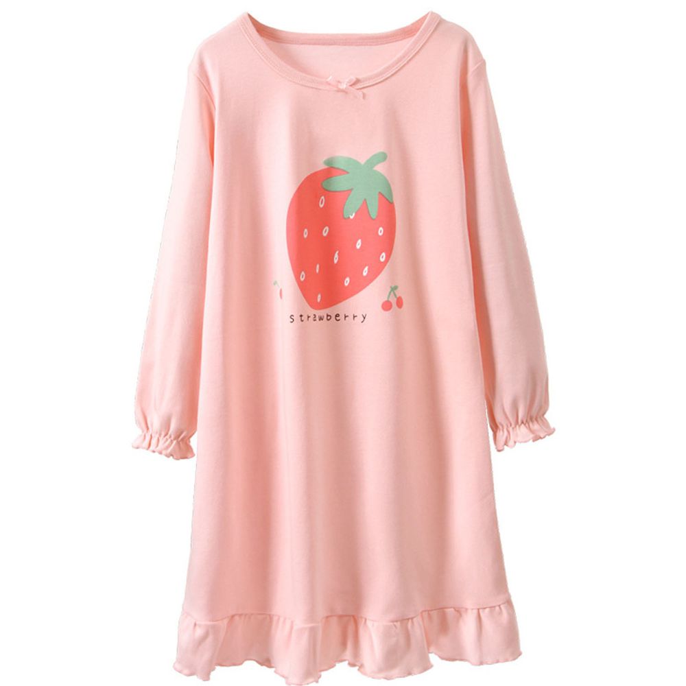 純棉長袖睡裙-草莓荷葉邊-粉色