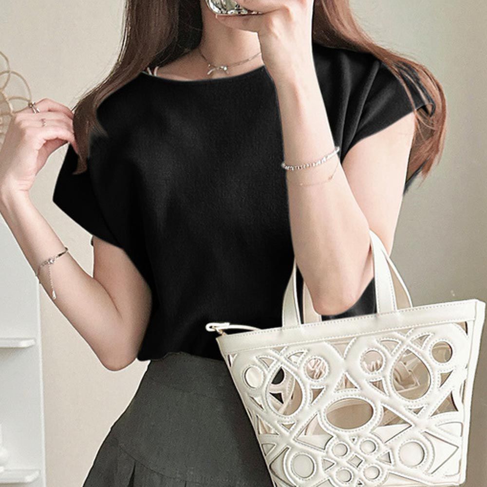 簡約優雅法式袖針織上衣-黑 (F)