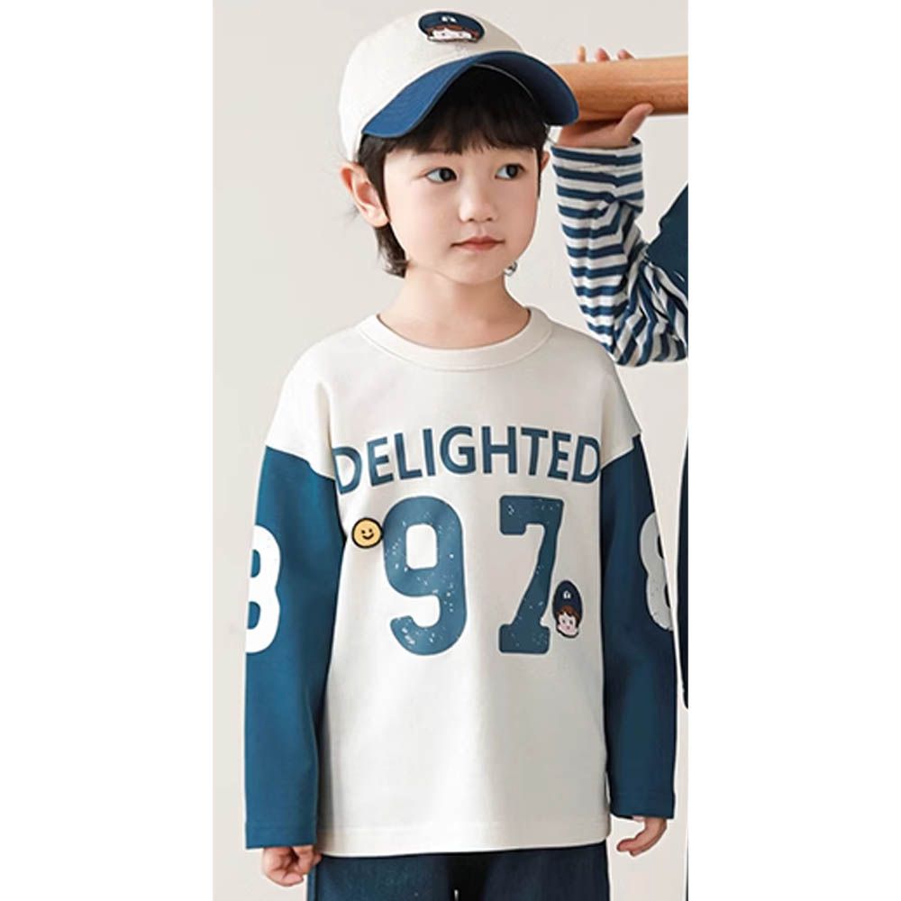 純棉圓領落肩長袖上衣-運動風97-拼色米