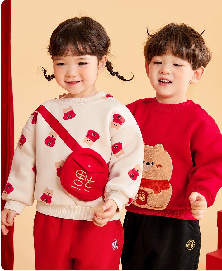 加絨喜氣洋洋長袖上衣-福氣熊熊-紅色