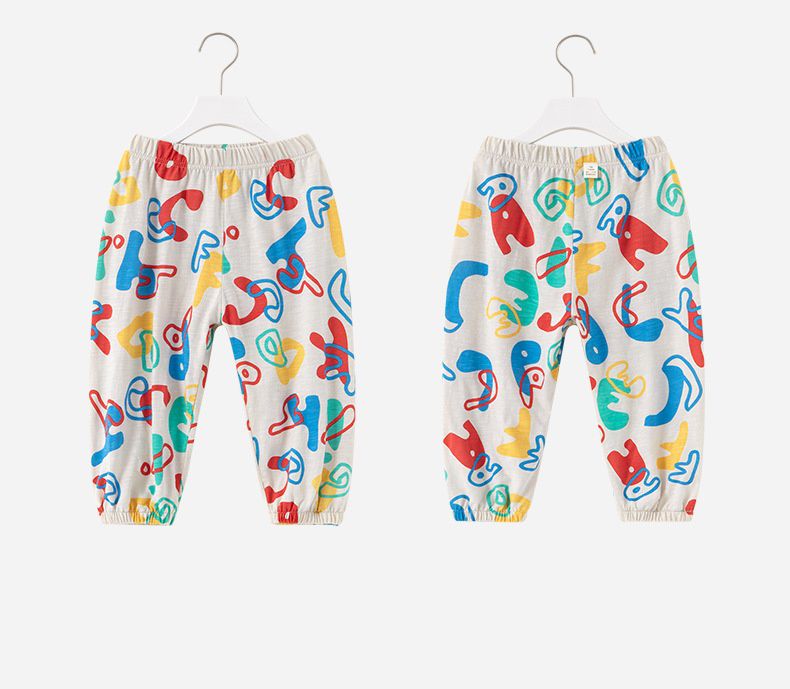 竹節棉束口長褲/防蚊褲-滿版繽紛英文字母-杏色