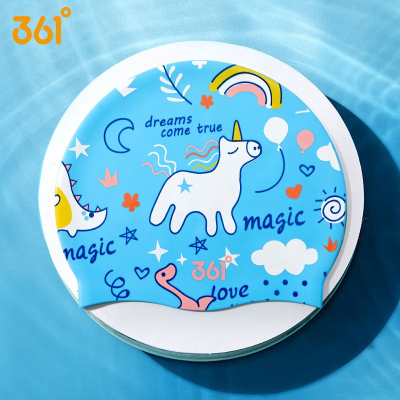 361° - 兒童印花矽膠泳帽-恐龍-深藍色 (頭圍55cm以下)