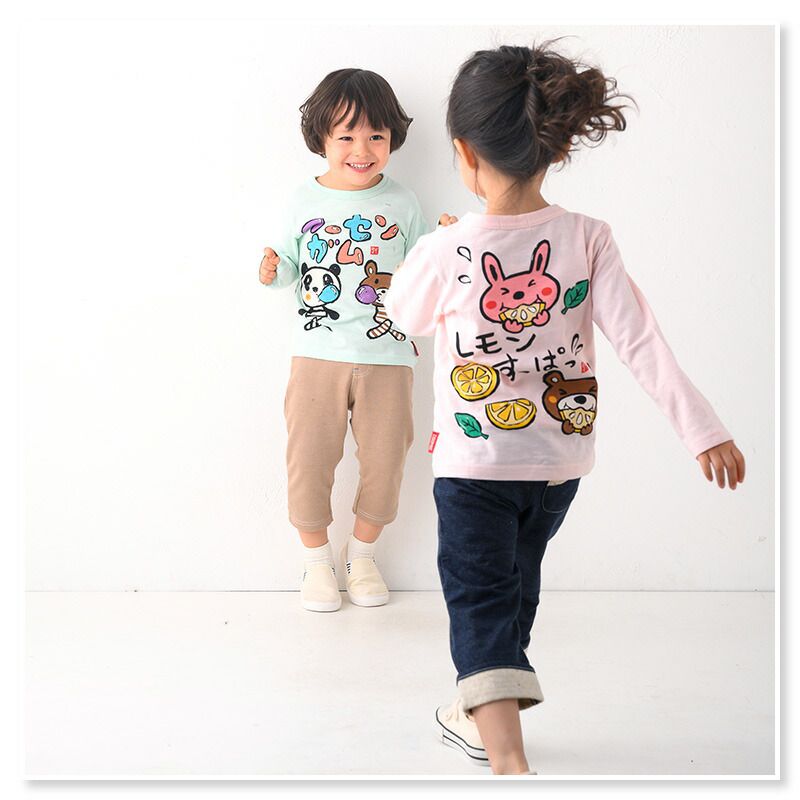 日本 ZOOLAND - 天竺棉和風手繪印花長T-幸運草-奶油杏