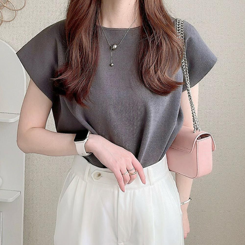 簡約優雅法式袖針織上衣-炭灰 (F)