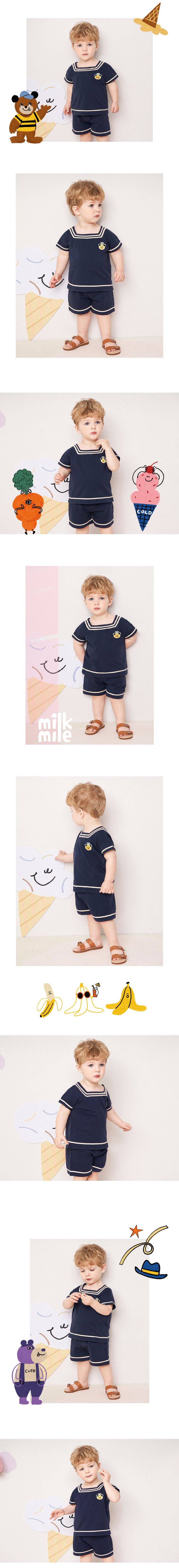 韓國 milk mile - 黃熊刺繡方形領套裝-海軍藍