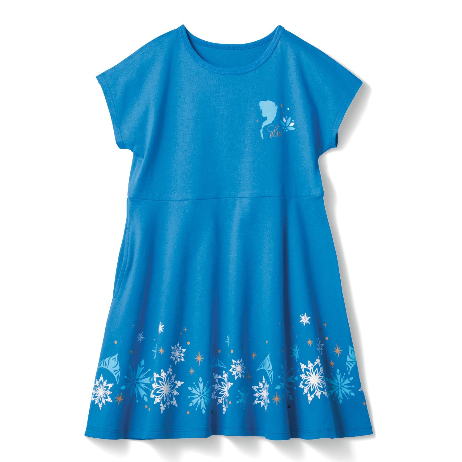 日本千趣會 - 迪士尼 傘狀印花短袖洋裝-冰雪奇緣-水藍