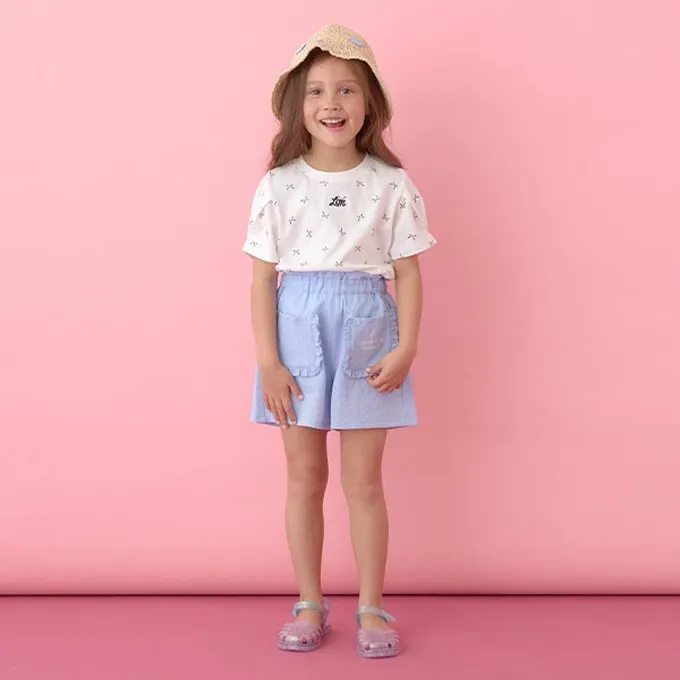 日本 Lycee mine - 純棉滿版印花打褶泡泡袖上衣-愛心-藍紫