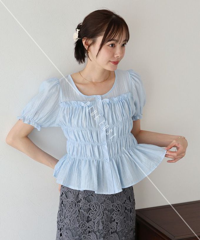 日本 BLUE EAST - 顯瘦皺摺荷葉泡泡短袖上衣-白