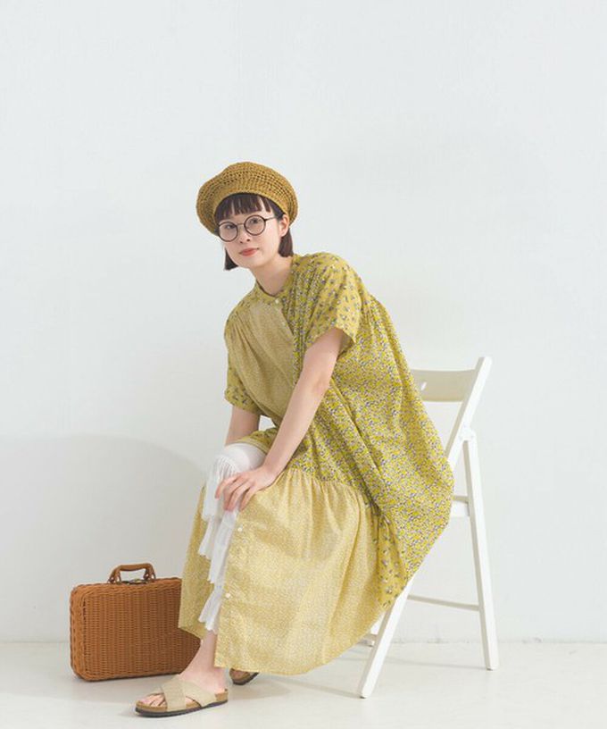 日本 Lupilien - 純棉巴里紗花朵拼布襯衫式洋裝-藍白