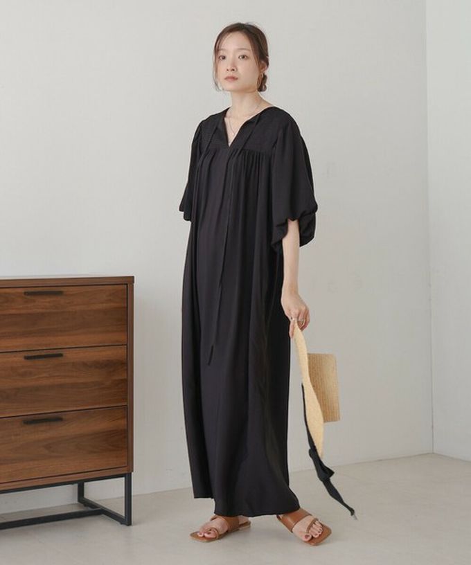 日本 Bab - 領口休閒綁帶泡泡短袖洋裝-焦糖棕 (M)