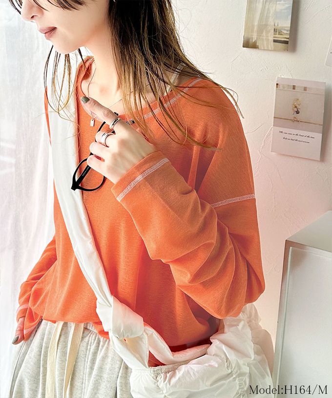 日本 Classical Elf - 透膚感配色線條薄長袖上衣-橘