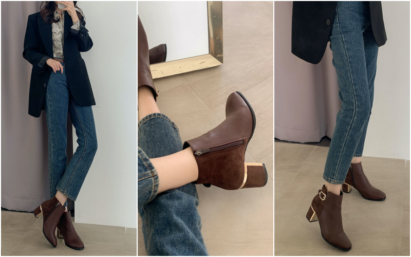 韓國 PINKELEPHANT - (無重力鞋墊)鑲金色異材質拼接短皮靴(6cm)-駝