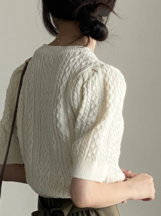 韓國女裝連線 - 麻花辮編織五分袖針織上衣-米白 (FREE)