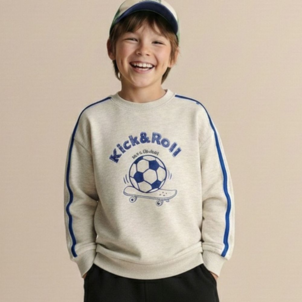 滑板足球圖案休閒長袖上衣-淺灰