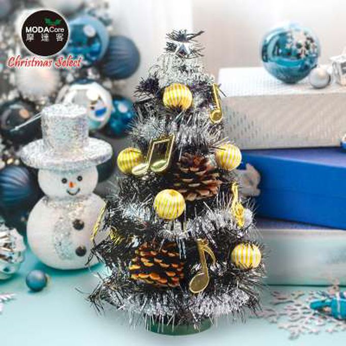 MODACore 摩達客 - 摩達客★台灣製迷你1呎/1尺(30cm)時尚銀彩音符系裝飾黑色聖誕樹+LED20燈銅線燈(暖白光/USB電池兩用充電)免組裝/本島免運費