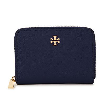 Tory Burch - 素面皮革拉鍊短夾 (深藍)