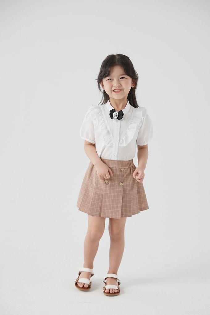 韓國 Coco Bang - (含蝶結)小花鈕扣荷葉領短袖襯衫-藍