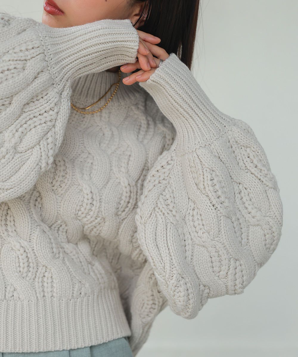 日本 Bab - 麻花編織圓領泡泡袖毛衣-粉膚