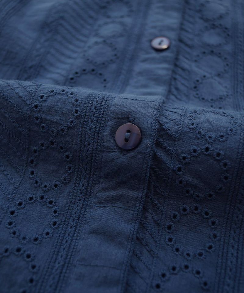 日本 zootie - 100%棉 優雅雕花圓領長袖襯衫-海軍藍