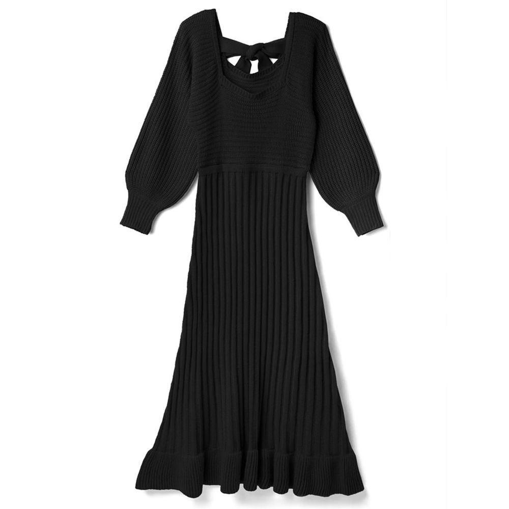 日本 GRL - 美背蝴蝶結羅紋針織長袖洋裝-時尚黑