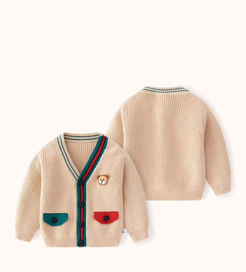 好搭V領鈕釦針織外套-熊熊-卡其色