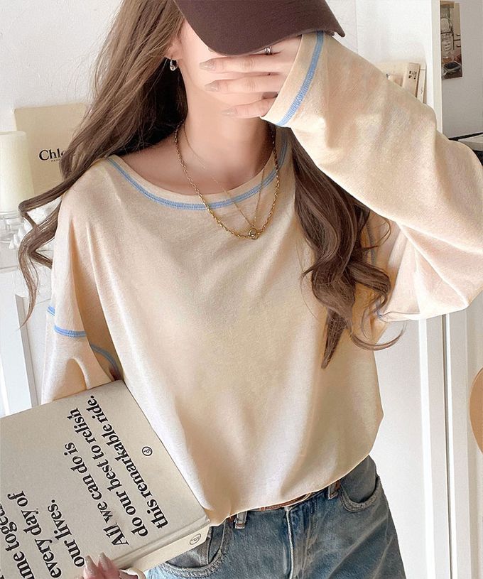 日本 Classical Elf - 透膚感配色線條薄長袖上衣-膚