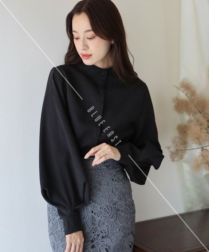 日本 BLUE EAST - 知性小立領澎澎氣球袖襯衫-黑