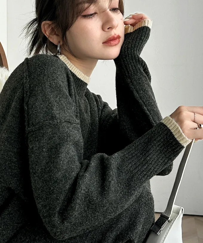 日本 Classical Elf - 溫暖滾邊小立領優雅針織長袖洋裝-黑