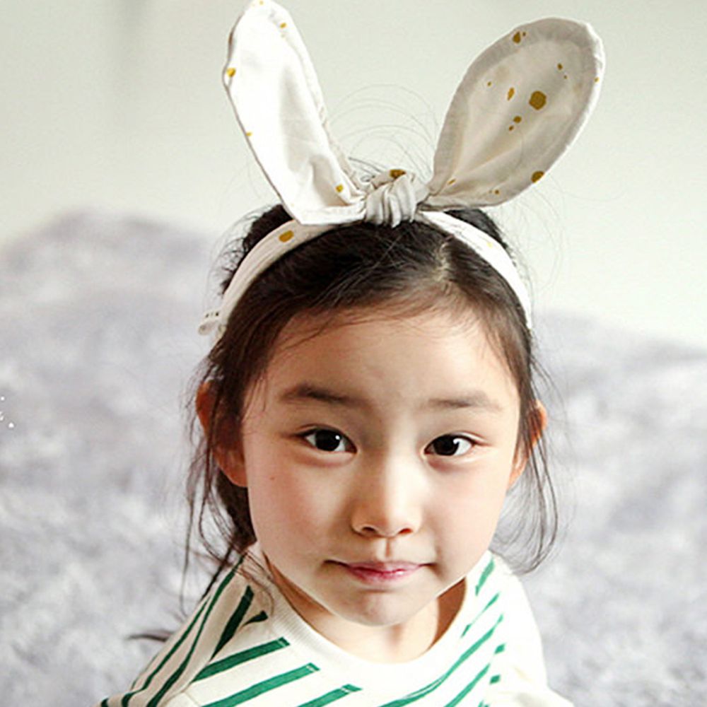 韓國 Mini Dressing - 時尚可愛兔子耳朵造型髮帶-米白黃點點 (單一尺寸)
