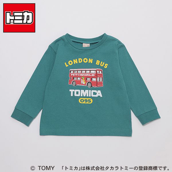 日本 petit main - TOMICA聯名薄長袖上衣-雙層觀光巴士-綠