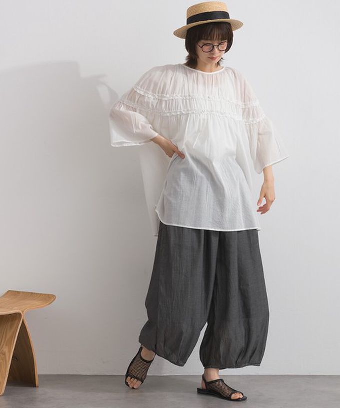 日本 Lupilien - 100%棉 輕盈感皺摺廓形五分袖上衣-黑